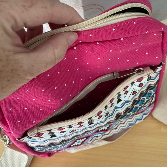 Aztec print crossbody hot pink canvas bag top zip - Picture 3 of 5